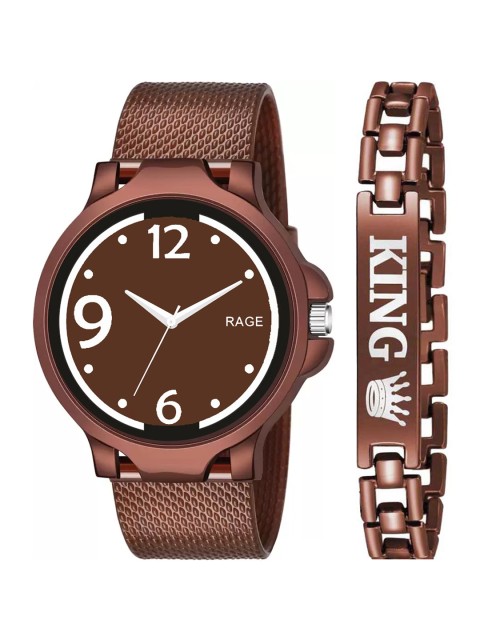 

Rage Enterprise Men Brown Brass Dial & Brown Bracelet Style Straps Analogue Watch R-761-516-Brown
