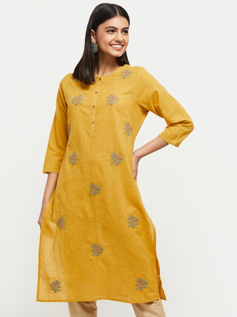 

max Women Mustard Yellow Floral Embroidered Kurta