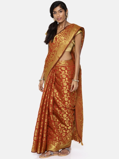 

Satrani Red & Gold-Toned Chanderi Silk Traditional Saree