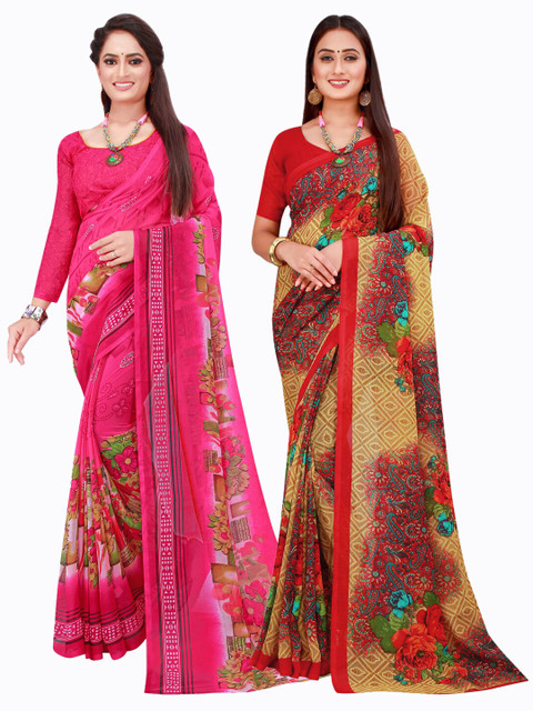 

KALINI Pack of 2 Printed Pure Georgette Sarees, Pink