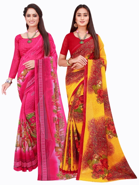 

KALINI Pink & Yellow Set of 2 Printed Georgette Saree