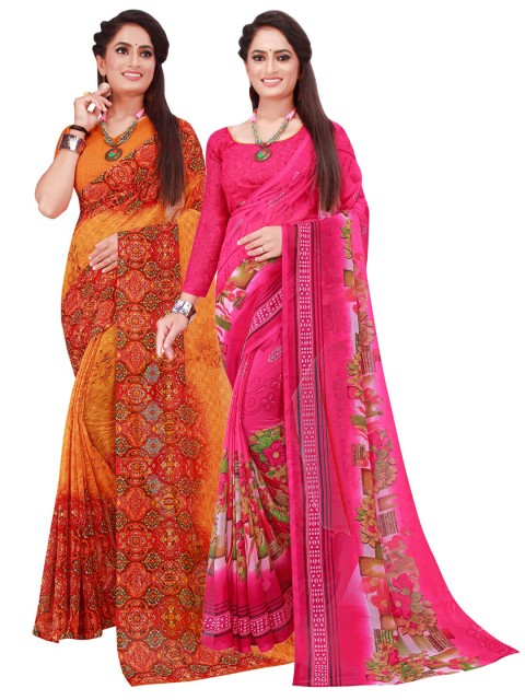 

KALINI Pink & Orange Printed Pure Georgette Saree Pack Of 2