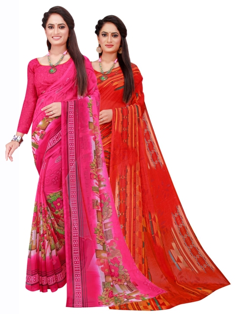 

KALINI Pack of 2 Pink & Red Printed Pure Georgette Saree