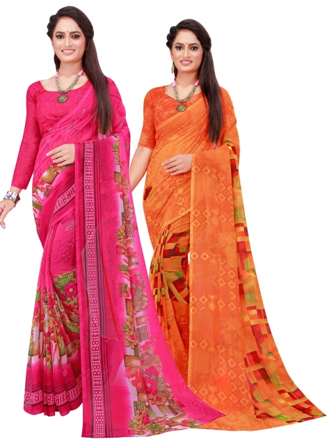 

KALINI Pink & Orange Set of 2 Pure Georgette Saree