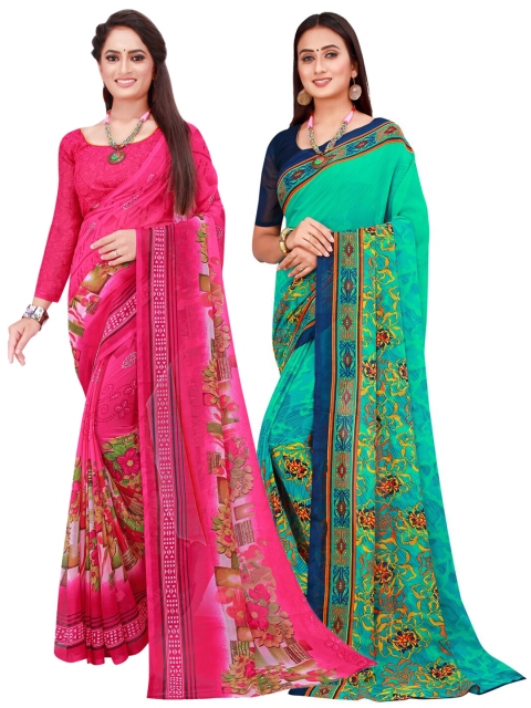 

KALINI Pack Of 2 Pink & Green Floral Pure Georgette Saree