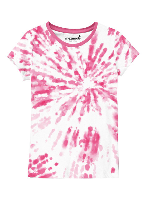 

mezmoda Girls Pink & White Tie and Dye Printed T-shirt