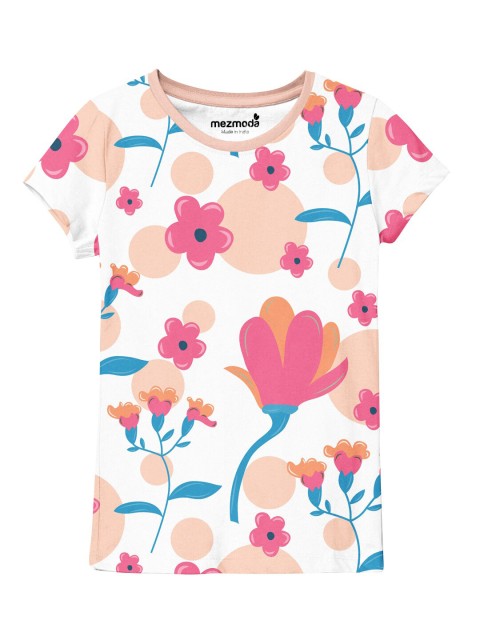 

mezmoda Girls White & Pink Floral Printed T-shirt