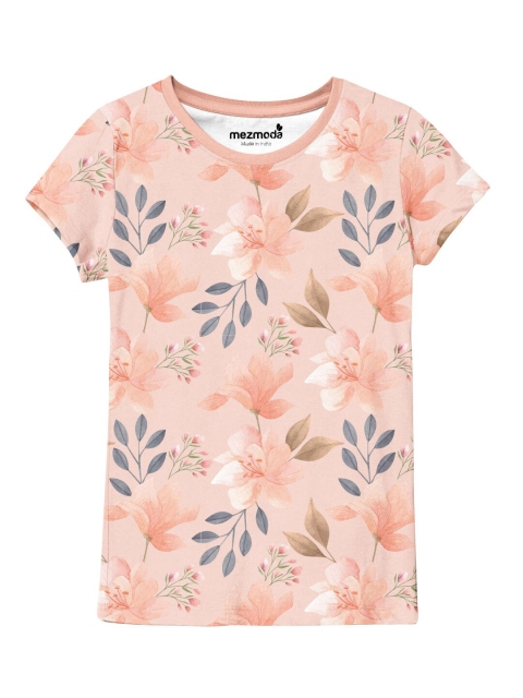 

mezmoda Girls Peach-Coloured & White Floral Printed T-shirt