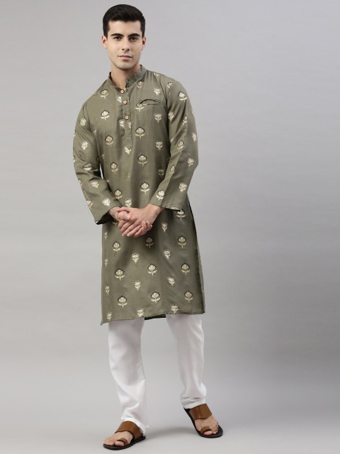 

ORUS Men Grey Ethnic Motifs Angrakha Kurta with Pyjamas