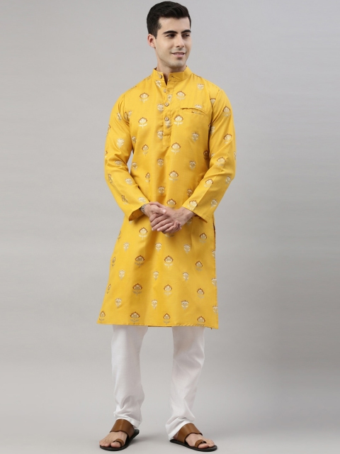 

ORUS Men Yellow Floral Printed Kurta with Pyjamas