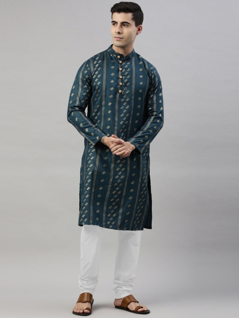 

ORUS Men Blue Ethnic Motifs Striped Panelled Kurta with Pyjamas