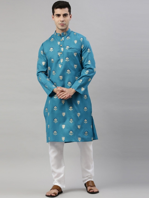 

ORUS Men Blue & White Floral Printed Kurta with Pyjama Set