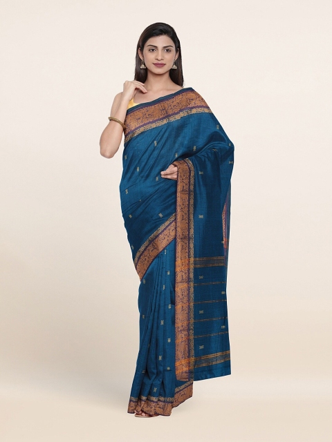 

Pothys Blue & Gold-Toned Woven Design Zari Pure Cotton Saree