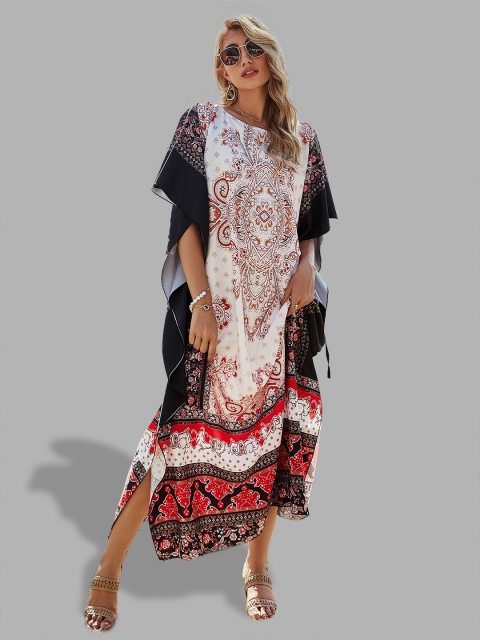 

JC Collection White & Navy Blue Ethnic Motifs Kaftan Maxi Dress