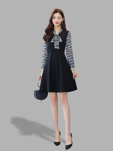 

JC Collection Women Black Tie-Up Neck A-Line Dress