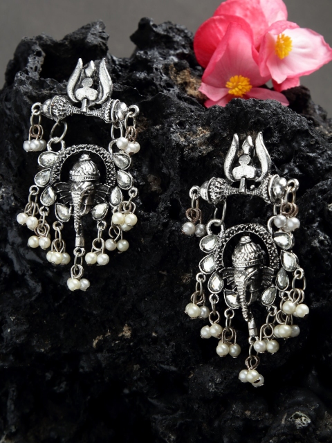 

NEUDIS Silver-Toned Oxidised Ethnic Antique Drop Earrings