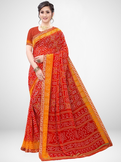

KALINI Red & Orange Bandhani Zari Pure Georgette Saree