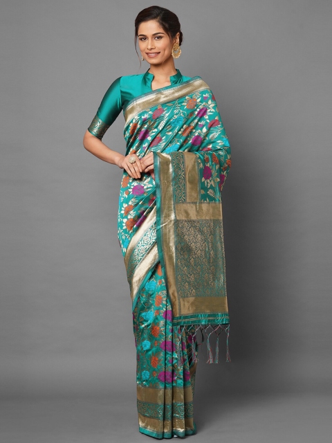 

KALINI Teal & Gold-Toned Floral Zari Silk Blend Saree