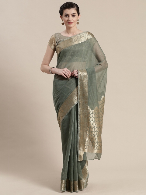 

KALINI Olive Green & Gold-Toned Zari Linen Blend Saree