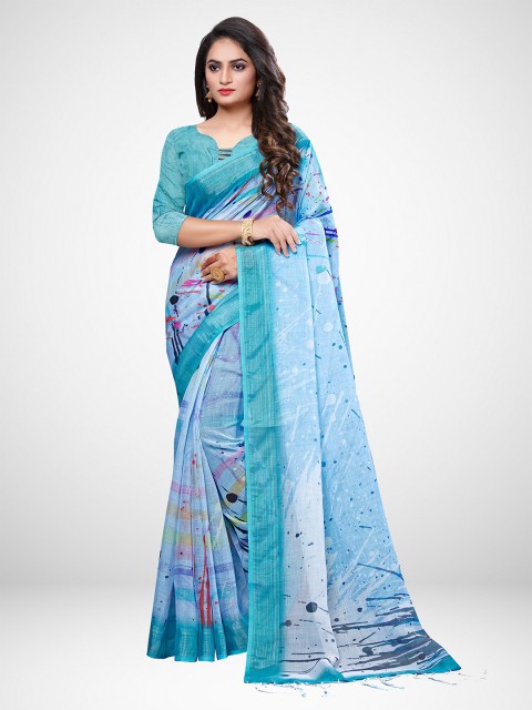 

KALINI Green & Pink Printed Linen Blend Saree