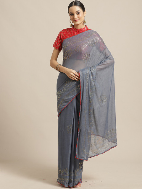 

KALINI Grey & Golden Embellished Poly Chiffon Saree