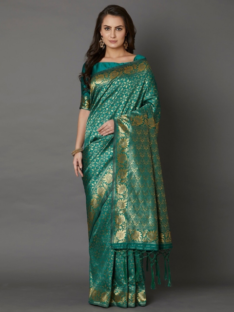 

KALINI Teal & Gold-Toned Woven Design Zari Silk Blend Saree