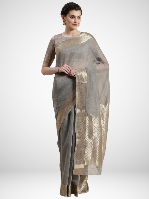 

KALINI Grey & Gold-Toned Woven Design Linen Blend Saree