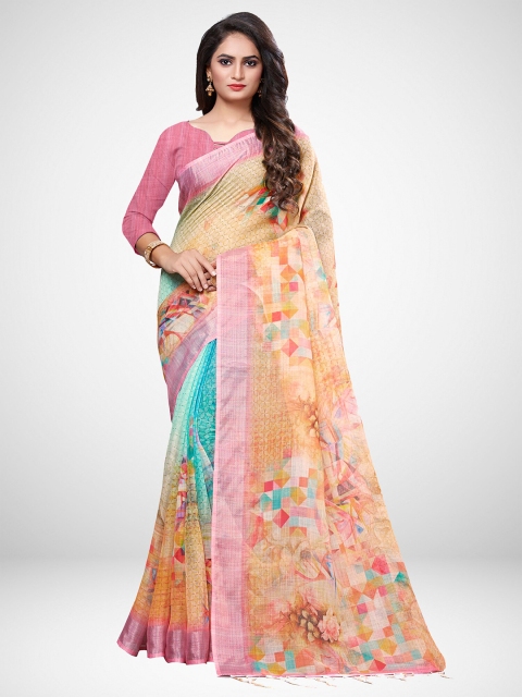 

KALINI Pink & Orange Floral Linen Blend Saree