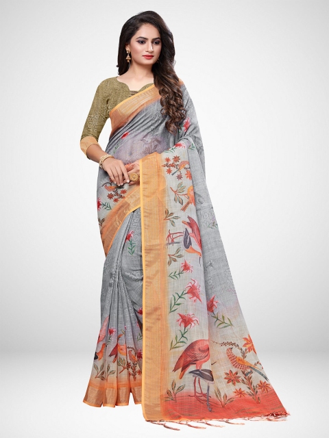 

KALINI Grey & Orange Floral Linen Blend Saree