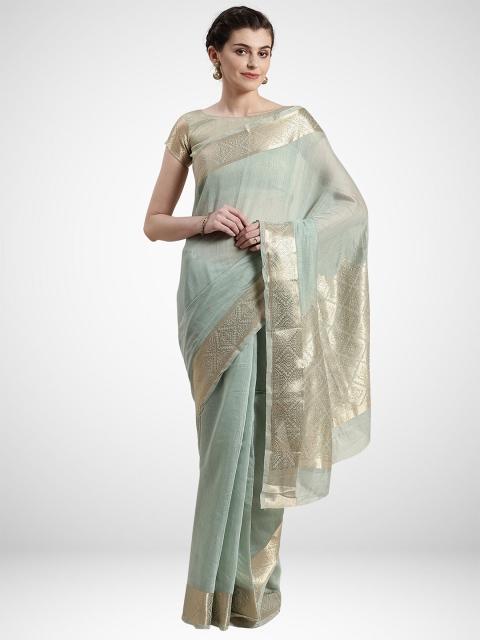 

KALINI Green & Gold-Toned Woven Design Zari Linen Blend Saree