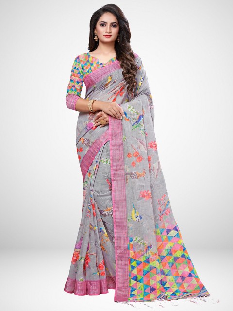 

KALINI Grey & Orange Ethnic Motifs Linen Blend Saree