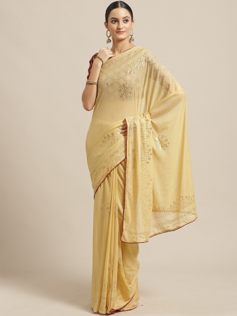 

KALINI Beige & Gold-Toned Embellished Beads and Stones Saree