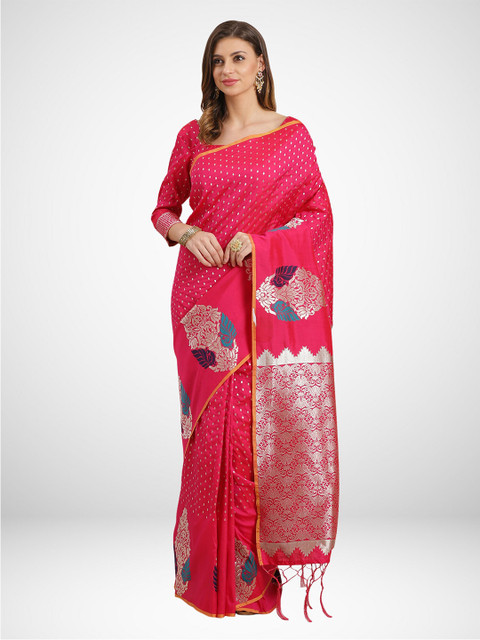 

KALINI Pink & Orange Ethnic Motifs Zari Silk Blend Saree