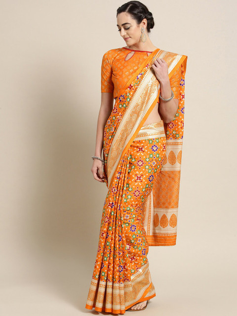 

KALINI Orange & Red Ethnic Motifs Silk Blend Kanjeevaram Saree