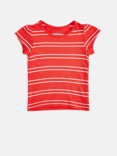

Pantaloons Baby Girls Red Striped Puff Sleeves Cotton T-shirt