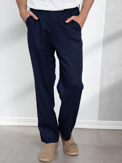 

ORIGIN BY ZALORA Men Navy Blue Linen Casual Trousers