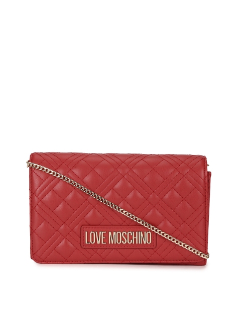 

LOVE MOSCHINO Red Textured Leather Structured Sling Bag with Quilted