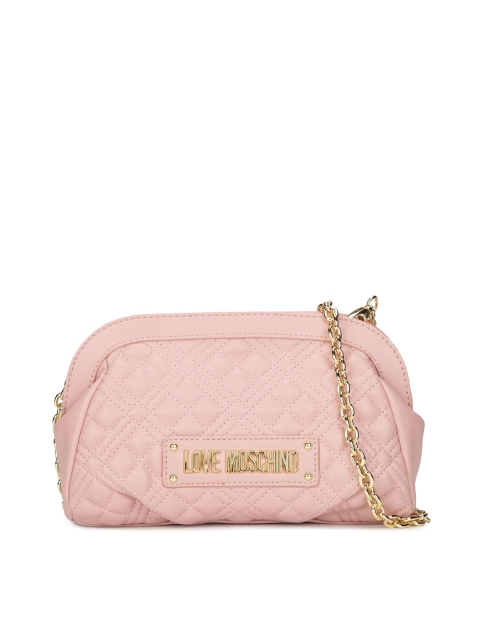 

LOVE MOSCHINO Pink Textured Leather Structured Sling Bag with Quilted