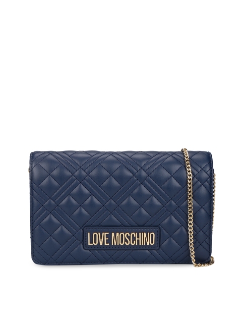 

LOVE MOSCHINO Navy Blue Textured Leather Structured Sling Bag with Quilted