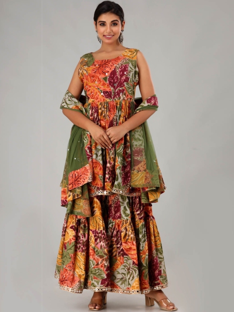 

FASHION DWAR Women Multicoloured Ethnic Motifs Printed Empire Gotta Patti Pure Cotton Top with Churidar &, Multi