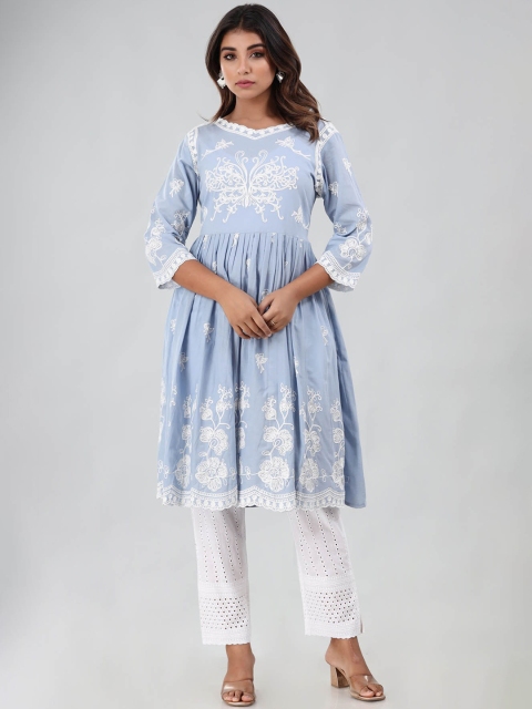 

FASHION DWAR Women Blue Printed Pleated Pure Cotton Kurti with Trousers