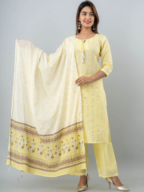 

FASHION DWAR Women Yellow Pure Cotton Kurta with Trousers & With Printed Dupatta
