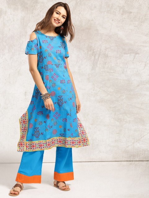

Anouk Blue Printed Cold Shoulder Asymmetric Hemline A-Line Kurta