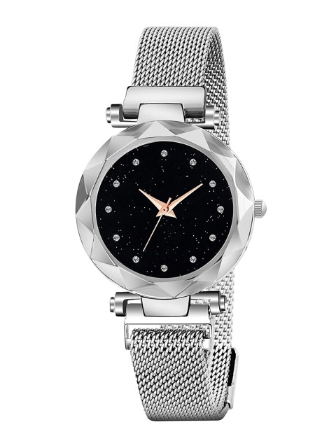 

VILAM Women Black Dial & Silver Toned Textured Straps Analogue Watch Megnet-silver