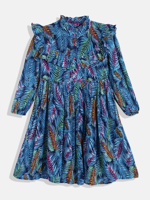 

Bella Moda Girls Blue & Green Tropical Printed Pure Cotton Dress