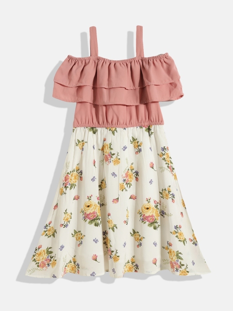 

Bella Moda Girls White & Pink Floral Printed Pure Cotton A-Line Dress