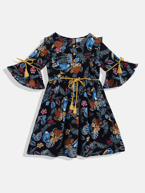 

Bella Moda Girls Black & Blue Floral Printed Pure Cotton Fit & Flare Dress