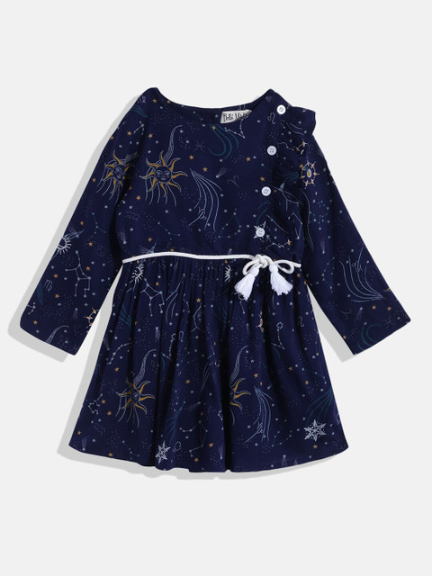 

Bella Moda Girls Navy Blue Printed Pure Cotton Fit & Flare Dress
