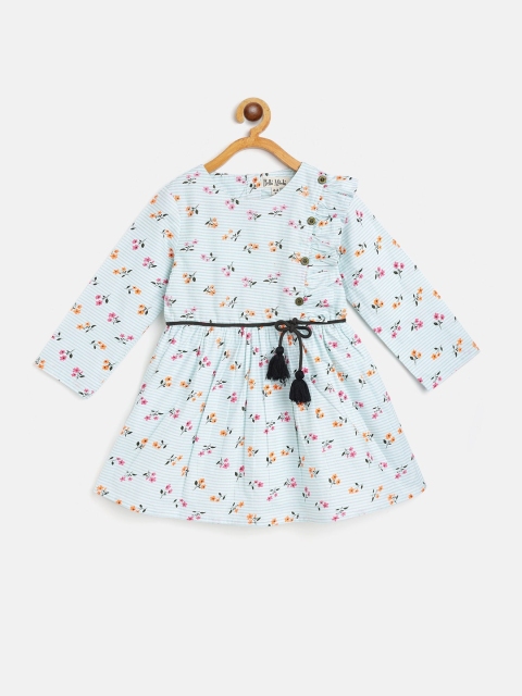 

Bella Moda Girls White & Blue Floral Printed Pure Cotton Fit & Flare Dress