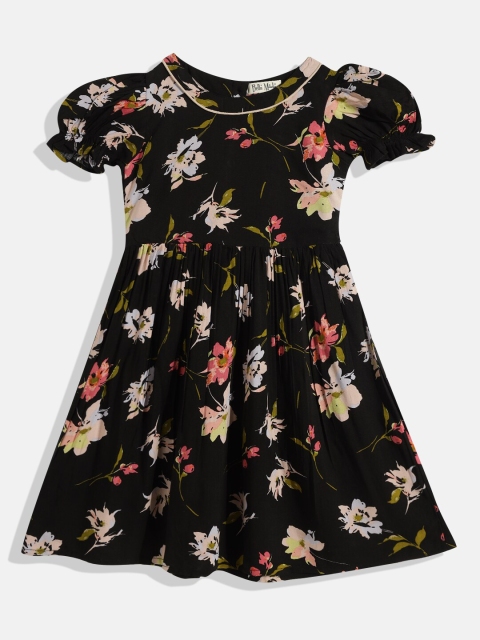 

Bella Moda Girls Black Floral Printed Pure Cotton Fit & Flare Dress